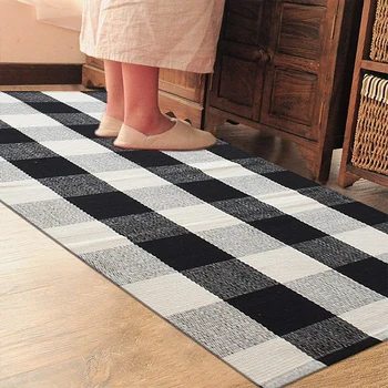 

Black and White Grid Kitchen Mat Cotton Linen Floor Mat for Bedroom Living Room Balcony Bathroom Printed Carpet Doormat 5 Sizes