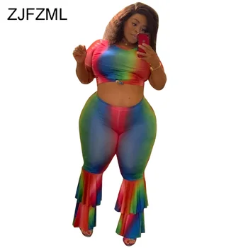 

Plus Size Rainbow Tie Dye Two-pieces Suits Women's Clothing O Neck Short Sleeve Crop Tops+ruffles Spliced Skinny Pant Sweatsuits