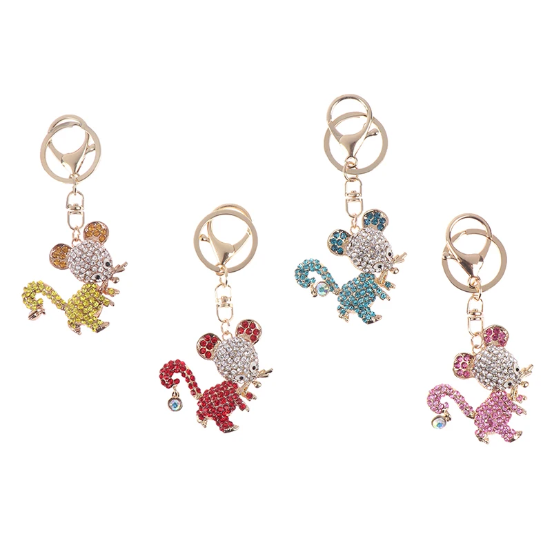 Lovely Blue Pink Red Yellow Rat Mouse Keychain Rhinestone Crystal Pendant Charm For Handbag Purse Bag Carkey Gift