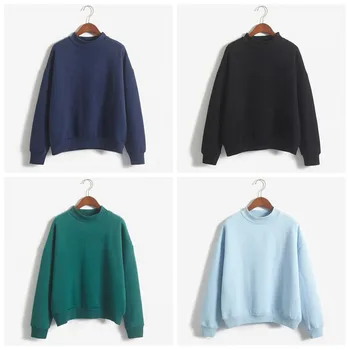 

Korean Style Women's Sweatshirt Girls Stand Collar Long Sleeve Thicken Sweatshirts Pullover Fashion Solid Color Tops Coat