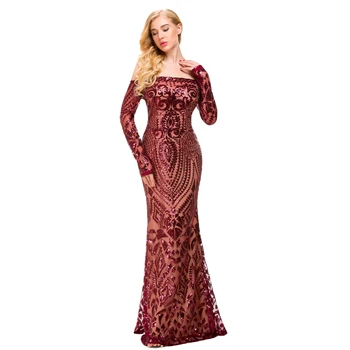 

Sexy Off Shoulder Sequin Dress Bodycon Floor Length Geometic Long Sleeve Party Dress Full Zipper Club Dress