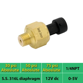 

absolute pressure sensor, 50psi, 30psi, 75psi, 12v, 24V supply, 0 5V signal, AISI 316L diaphragm, 1 4NPT thread, highly accurate