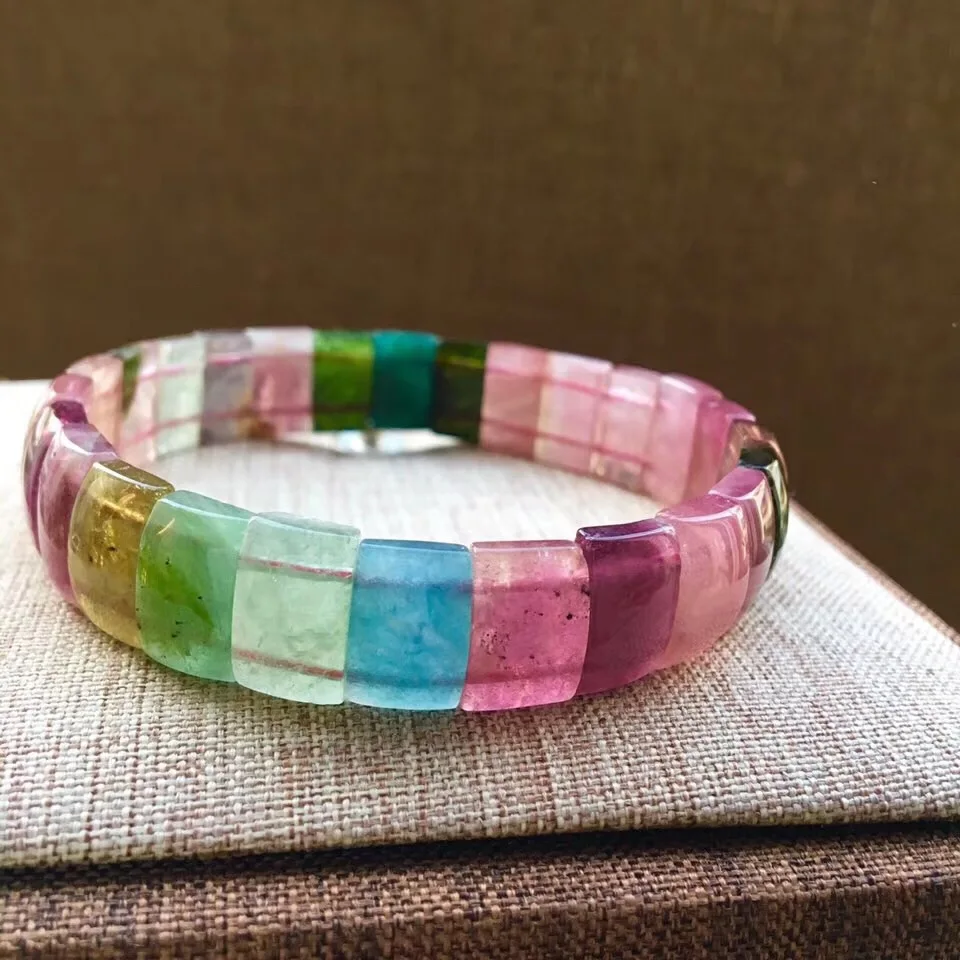 

Natural Colorful Rainbow Tourmaline Crystal Bracelet For Women Lady 12x8mm Clear Rectangle Brazil Beads Bangle Bracelet AAAAA