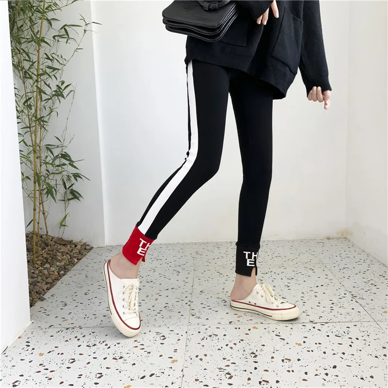 

Ankle Length Strech High Waist Leggings Women Thin Ribbed Slim Early Autumn 2019 Large Size Letters Printed Black Leggings Pants
