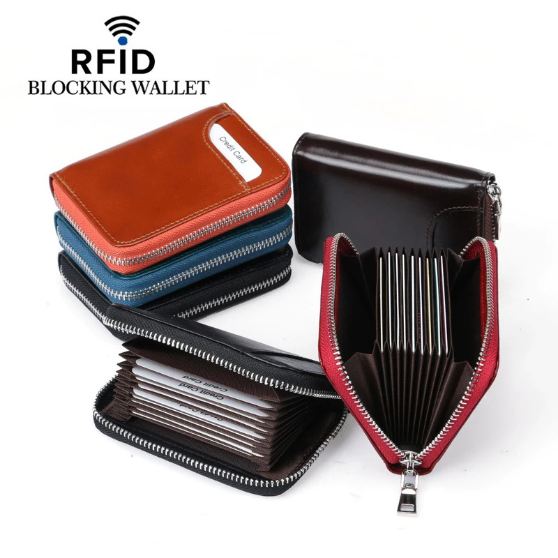 YUECIMIE Genuine Leather Function Card Case Business Card Holder Men Women Credit Bag ID Wallet RFID Blocking Black wallet card holder card holder credit card holder card wallet