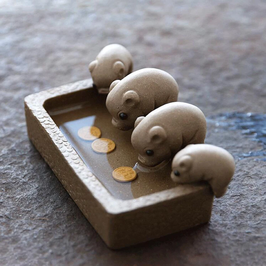 Purple Clay Tea Pet Four Little Pigs Drinking Water with 3 Copper Coins Kung Fu Tray Decorative Ornaments | Дом и сад