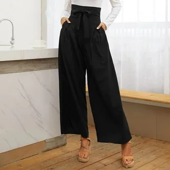 

Solid Green High Waist Baggy Pants Summer Fashion Causal 2020 Tunic Lace Up Pocket Loose Trousers For Women Wide Leg Pants