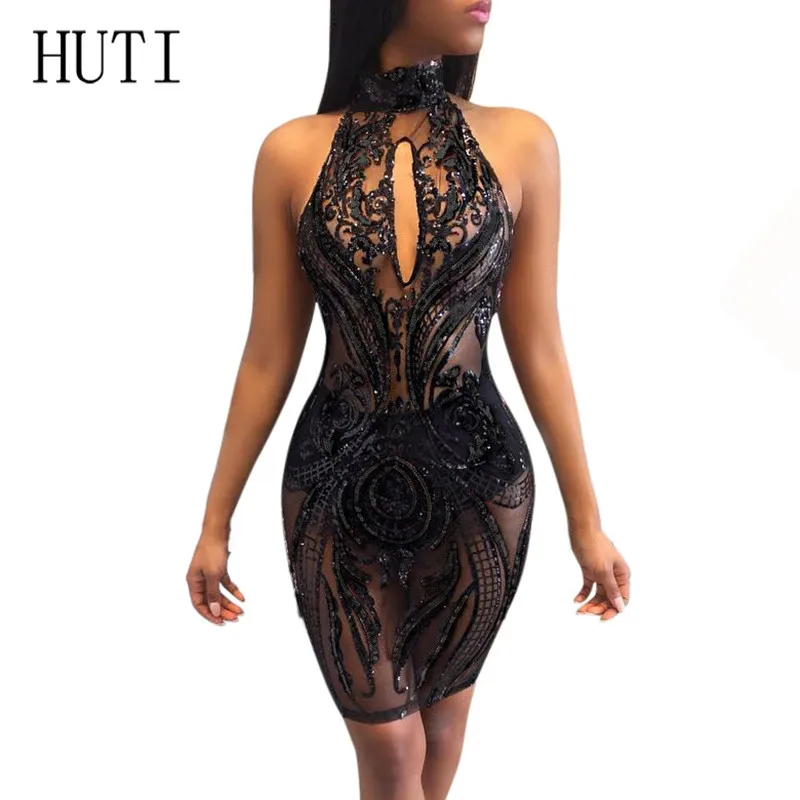 

HUTI Sexy Sequins Perspective Halter Dress Nightclub Clothes Open Back Sleeveless Hollow Out Women Black Sequins Bodycon Dress