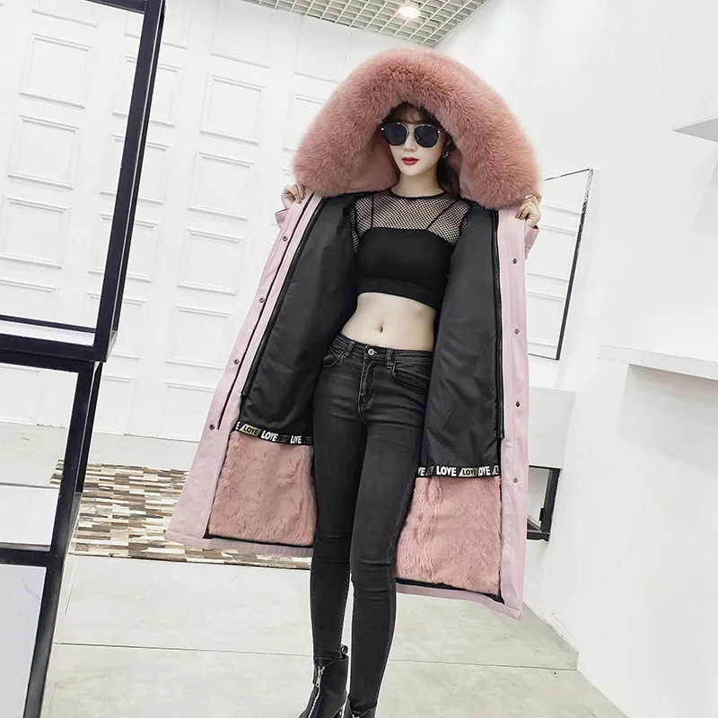 longer pink Зимнее женское длинное пальто из натурального меха с воротником из натурального Лисьего меха, свободная парка, пальто, съемная подкладка из натурального кроличьего меха - Цвет: longer pink