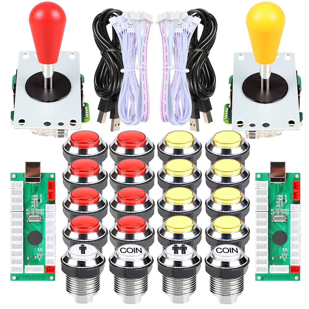 2 Player Ellipse Arcade Kit Oval Bat Joystick Handles LED Chrome Arcade Buttons for Arcade Standard Controller DIY Games MAME 