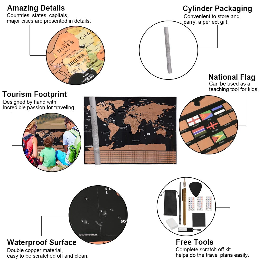 Large Size Scratch Off World Travel Map Premium Personalized Wall Sticker Poster All Country Flags Gift Package for Travelers