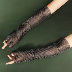 Women Full Glitter Rhinestone Arm Warmer Sleeves Summer Sunscreen Nightclub Hollow Plaid Mesh Fishnet Fingerless Gloves