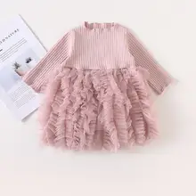 Платье-Свитер принцессы для маленьких девочек, зимние вечерние платья-пачки с длинными рукавами для малышей, вязаные вечерние платья