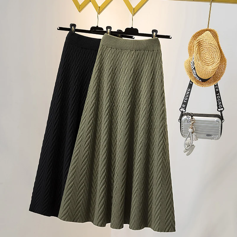 

Green Black Beige Knitted Long Thick Korean Style Fashion Autumn Women'S Clothing Vintage Casual High Waist Skirts 2022