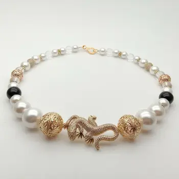 

20'' White Sea Shell Pearl Onyx Cz pave Necklace