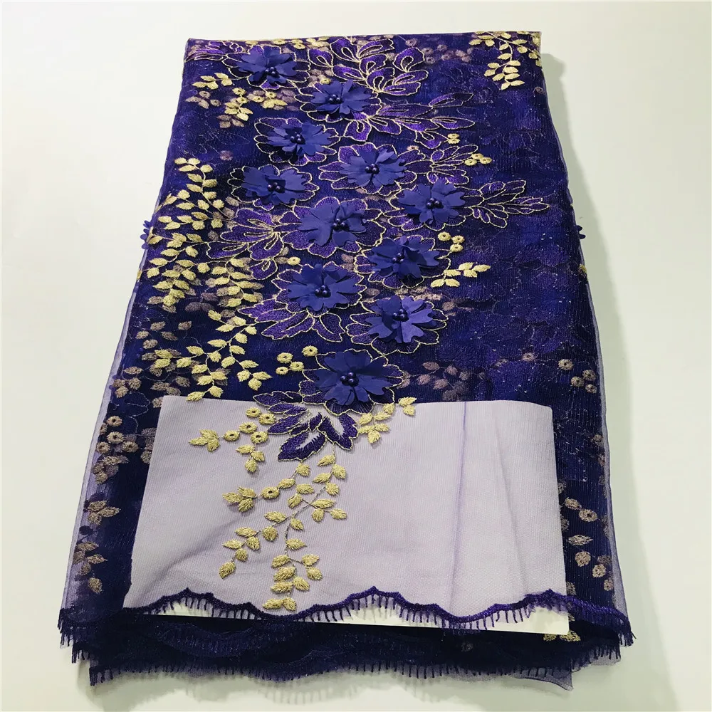 Новейший фиолетовый цвет вышитый бисером кружевной ткани 3d цветы бисером свадебный кружевной ткани оптом