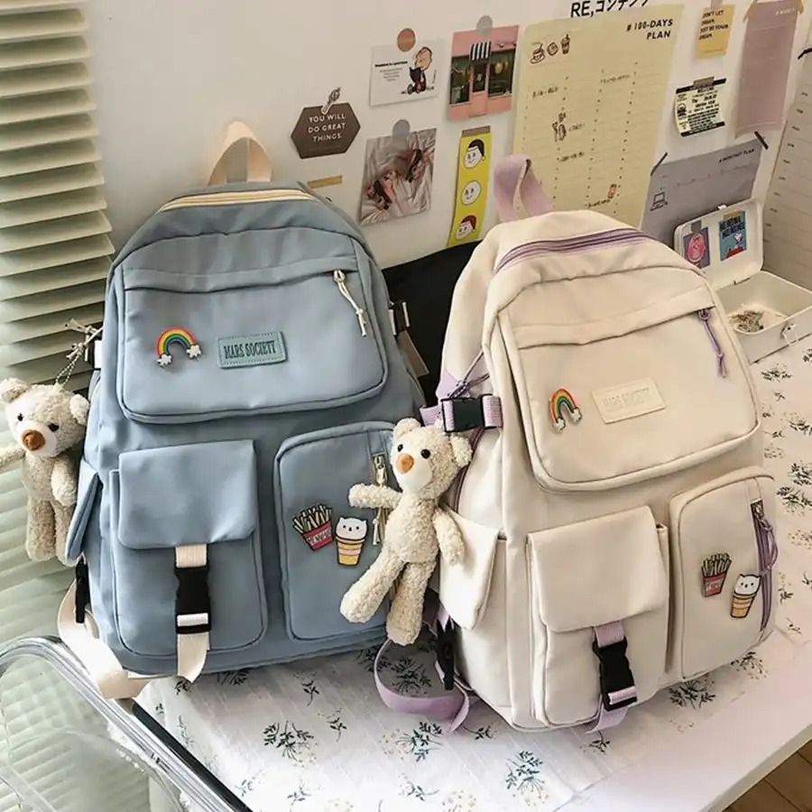 甘いクマのペンダントのバックパックカジュアル固体シンプルな学生bagpack十代の少女のショルダーリュック旅行バッグ新 バックパック Aliexpress