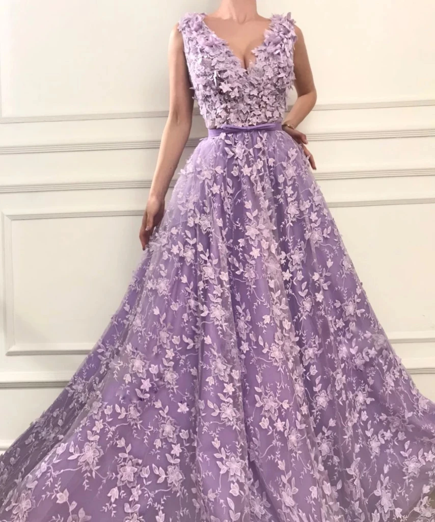 

Lavender Moroccan Evening Dresses A-line V-neck Tulle Appliques Lace Long Turkey Dubai Saudi Arabia Prom Dress Gown