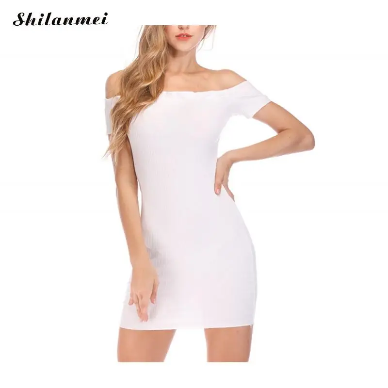 Летнее женское платье Vestidos сексуальное с открытыми плечами белое однотонное клубное мини-платье знаменитостей вечерние платья облегающее платье