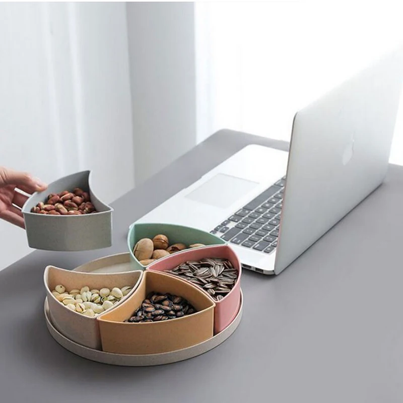 

Wheat Straw Storage Box Candy Snack Round Divided 5 Compartment Storage Box Double-layer Candy Plate With Lid