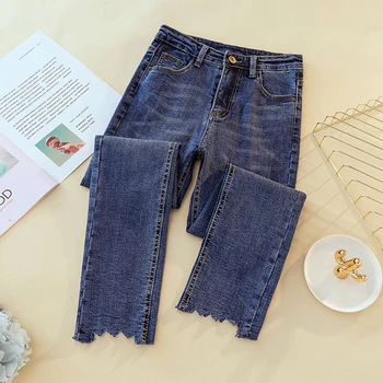

2020 Korean soft skinny jeans woman high waist ripped stretch mom jeans for women plus size blue Ladies jeans denim jeans femme