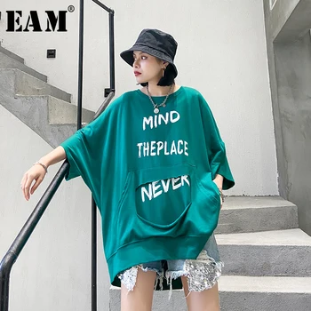 

[EAM] Women Letter Printed Back Zipper Big Size T-shirt New Round Neck Three-quarter Sleeve Fashion Spring Summer 2020 1T760