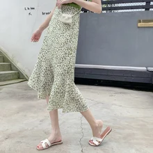 Новая летняя женская юбка с высокой талией и принтом, тонкая шифоновая Маленькая прозрачная посылка, юбки с длинным шлейфом зеленого цвета 8010