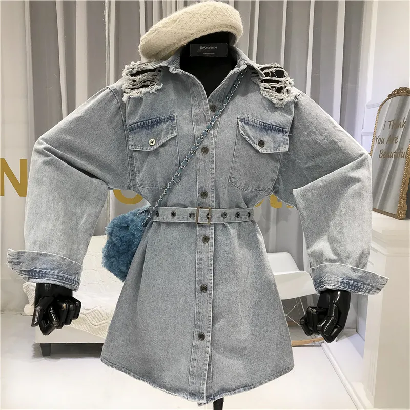 

Hole Jean Jacket 20120 Women Denim Hollow Out Sashes Casual Solid Turn-down Collar Single Breasted Long Jackets