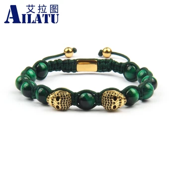 

Ailatu New Luxury Double Heart Skull Braided Bracelets with 8mm Natural Tiger Eye Stone Beads Top Quality Logo Service Rope
