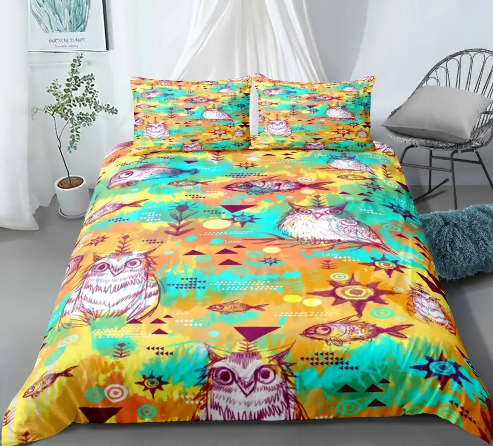 Owl Fish Graffiti Art Bedding Set Bedroom Decor Doona Hypoallergenic Yellow Background 1PC Duvet Cover with Pillowcase Dropship | Дом и сад