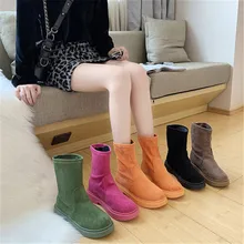 Женские ботинки до середины икры; коллекция года; сезон осень-зима; эластичные тканевые ботинки ярких цветов; женская обувь на плоской подошве; Модные женские ботинки на платформе; Цвет Зеленый