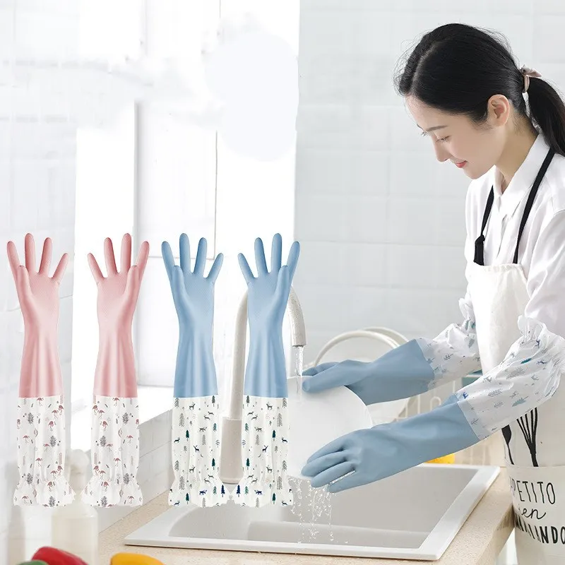 2Set Household Gloves Rubber plus velvet thickening Multifunctional Kitchen washing bathroom living cleaning gloves
