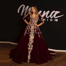 Длинные вечерние платья Золотое кружевное арабское выпускное платье аяба мусульманское бургундское бархатное платье с v-образным вырезом для торжественных вечеринок Восточное вечернее платье Ближний Восток