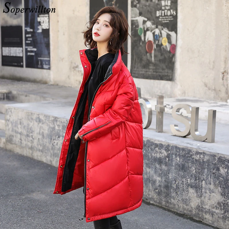 

Down Women Long Jacket Winter Coat Turtleneck Zipper Fashion Coat Warm Parkas Female Snow Outwear Slim Long Lady Jacket Red Gray