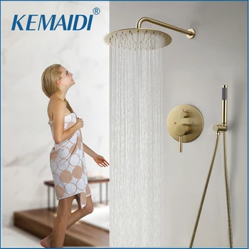 

KEMAIDI Luxury Brushed Gold Shower Faucet Set Wall Mount 10" Rainfall Shower Tap With Embedded Box Mixer Tap Bathtub Shower Kit