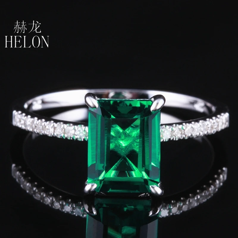 

HELON 5X7mm Emerald Cut Treated Emerald Solid 14K White Gold Natural Diamond Engagement Ring Women Gemstone Jewelry Wedding Ring