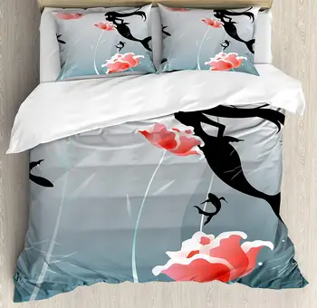 

Mermaid Decor King Size Duvet Cover Set by Ambesonne Mermaid Swimming Silhouette Underwater Flowers Blossoms Freedom Fantasies