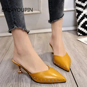 

Candy Color Slippers 2019 Summer Women Pointed Rivets High Heels Flip Flops Slippers Female Slip on Sandals Sandalias Femenina