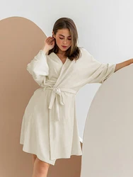 Linad Towel Female Home Robe Nightgowns Solid Gray Bathrobes For Women Home Wear Long Sleeves Sleepwear Spring Casual Loungewear