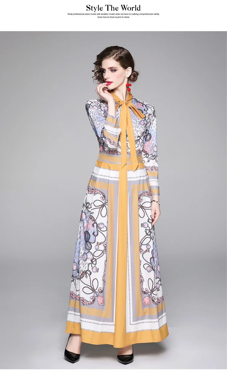 Модное дизайнерское Макси-платье с бантом и воротником, Осеннее женское платье с длинным рукавом и цветочным принтом, Элегантное Длинное Платье для подиума, Vestidos