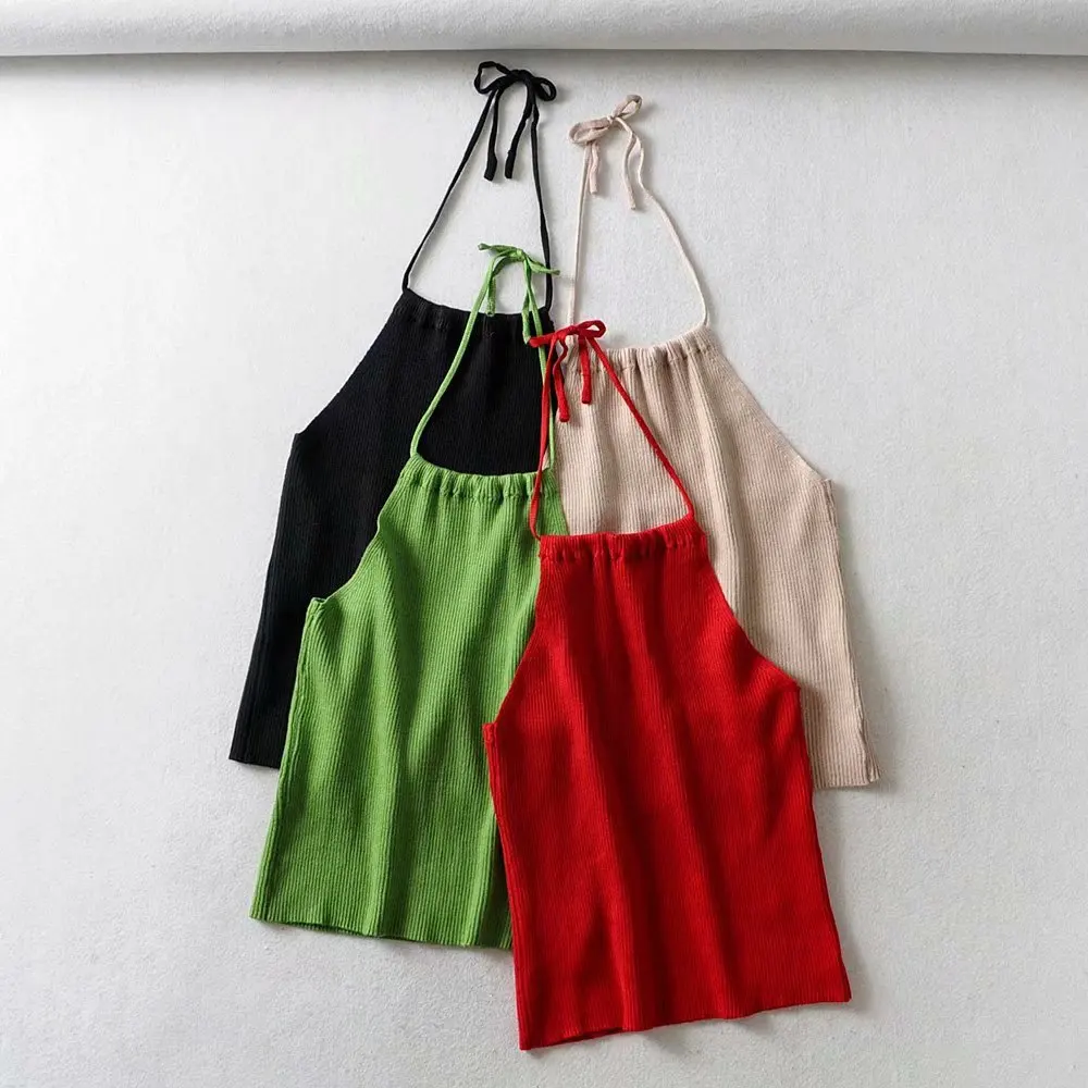 

2019 Summer New Style Western Style WOMEN'S Dress Solid Color Halter Knitted Jacket Slimming Backless Small Camisole