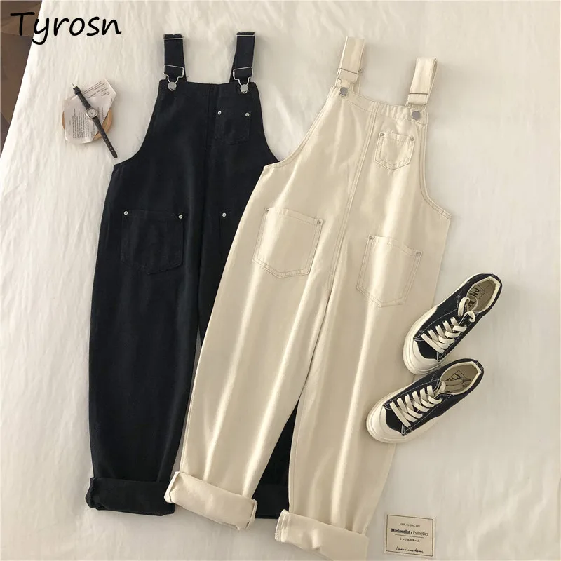 

Jumpsuits Women Solid Apricot Fashion Straight Overalls Pockets High Street Leisure All-match Denim Suspenders Trousers Students