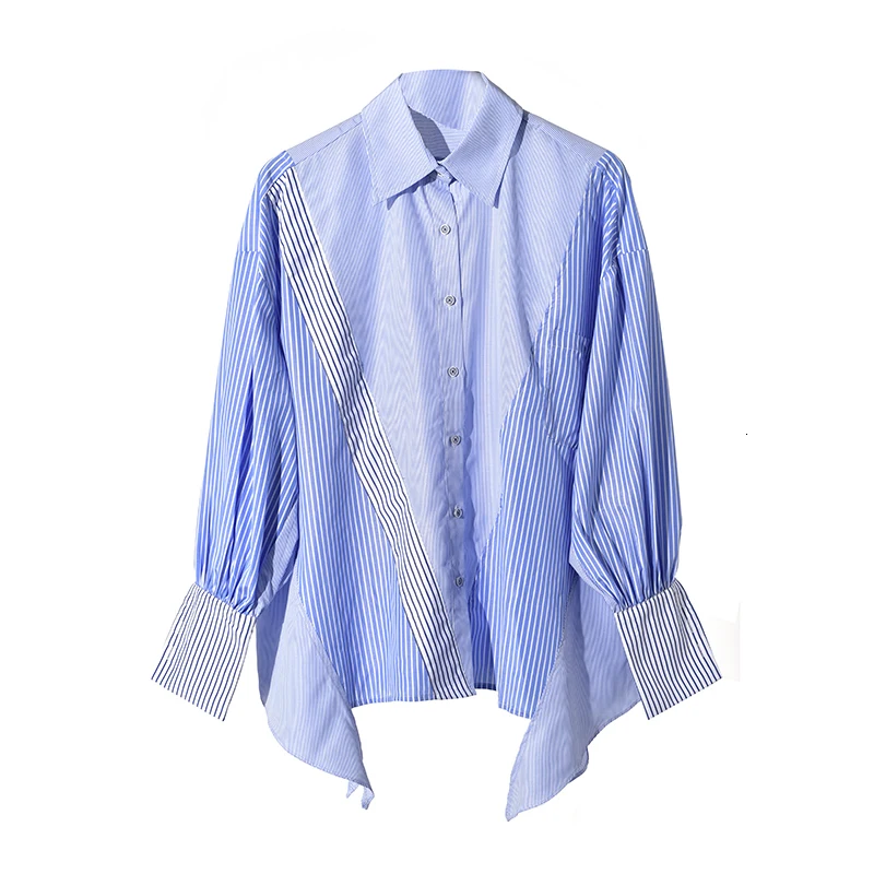 [EAM] женская синяя Асимметричная Свободная блузка в полоску, новая свободная рубашка с отворотом и длинным рукавом, модная весенняя Осенняя JZ6870 - Цвет: Blue stripes