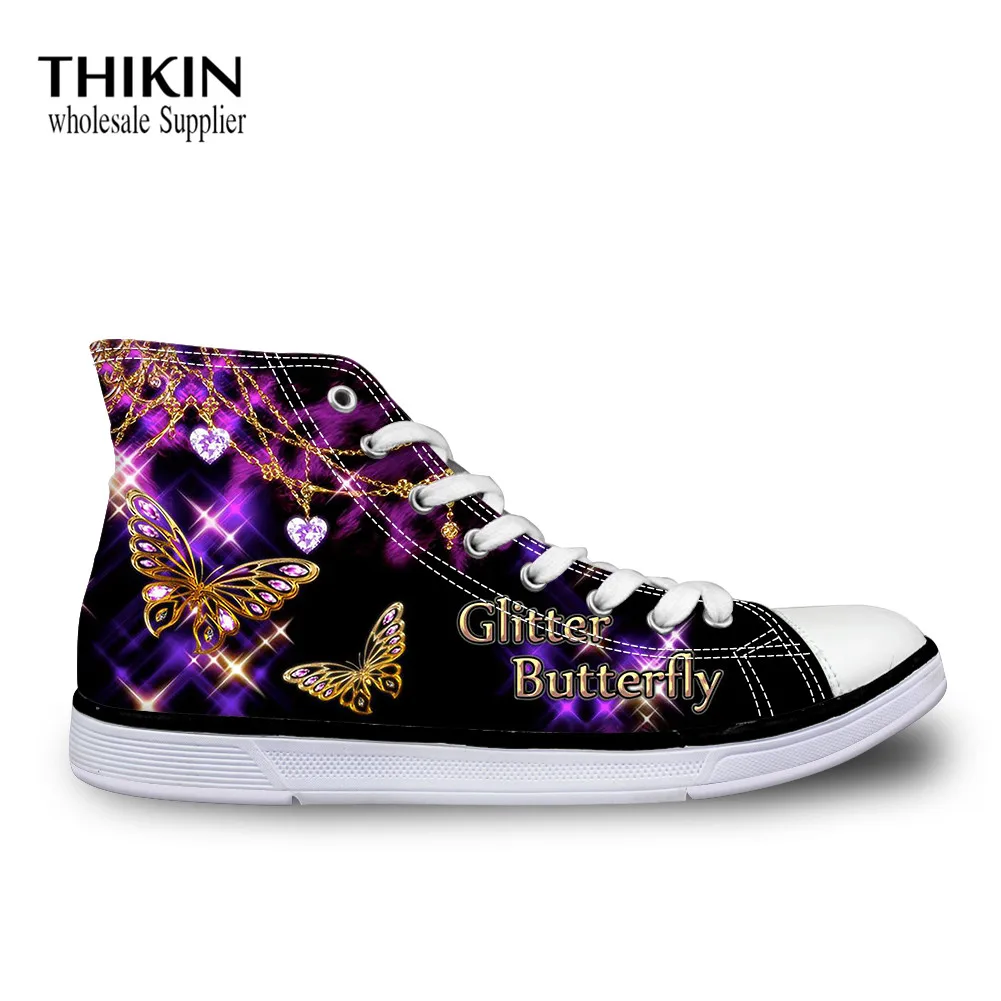

THIKIN Women Vulcanize Shoes Shiny Butterfly Print Lace-up Flat Shoes Teenager Girls High-top Canvas Shoes Comfortable Footwear