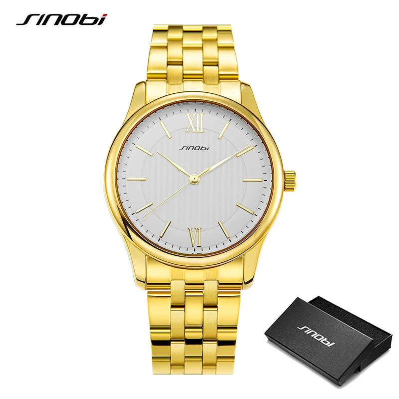 

SINOBI Gold Watch Men's Luxury Golden Full Steel Sport Quartz Watches For Men Luminous Waterproof Wrist Watch Box reloj hombre