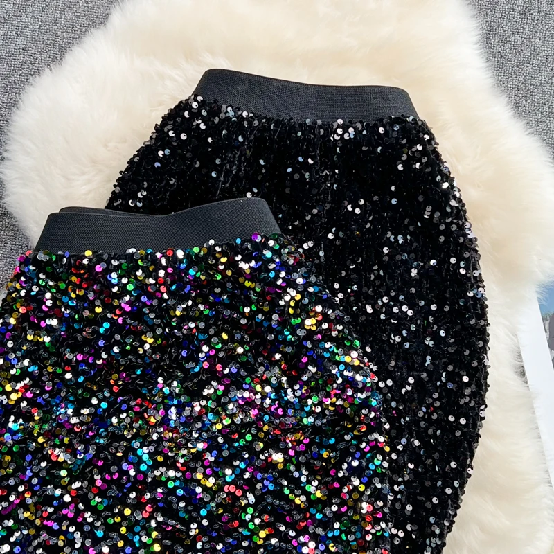 Elastic High Waist A- Line Sequins Velvet Skirt Women 2021 Autumn Winter New Slimming Hippie One-Step Mini Skirt Mujer Faldas