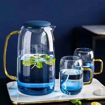

Glass Teapot Set With Cover Gold Handle Cups For fruit Juice Water and Coffee Tea Pot flower Large Kettle WF1107