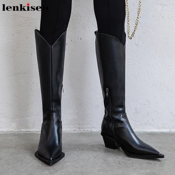 

Lenkisen online star pointed toe knight boots genuine leather high heels solid Zip winter keep warm women thigh high boots L88