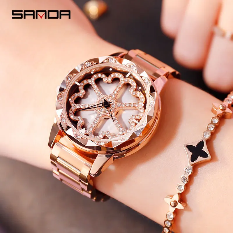 

SANDA Rose Gold Women Watches Luxury Crystal Diamond Lady Watch Fashion & Casual Push Button Hidden Clasp luxury dress