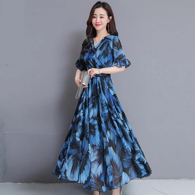 Elegant Long Sleeve Dress Beach Vintage Summer Dresses Casual V Neck Women Dress - Цвет: Синий